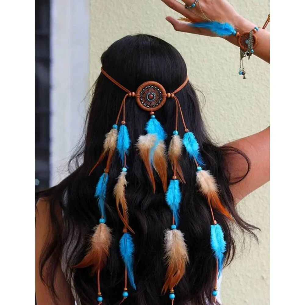 Bohemian Feather Headband Indian Gypsy Elastic Beaded Tassel Accessory